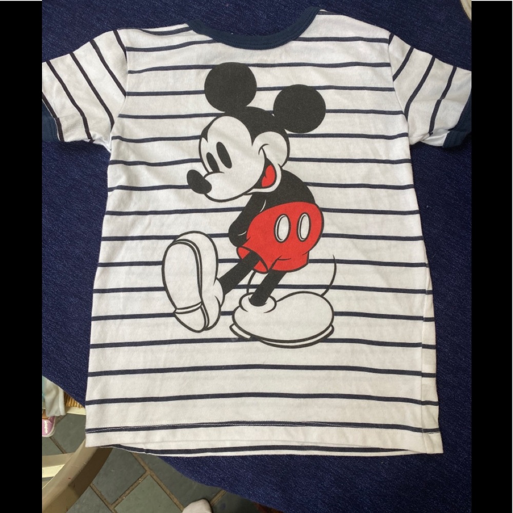Disney White Navy Striped Mickey Mouse Short Sleeve Tee